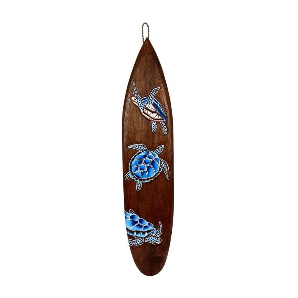 Sea Turtle Surfboard Wall Hanging Coastal Wood Decor 39.5 in Brown Blue